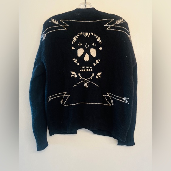 Skull Cashmere Sweaters - Skull Cashmere Black LIng Sleeve Cashmere CardiganEmbroidered Skull on Back XS